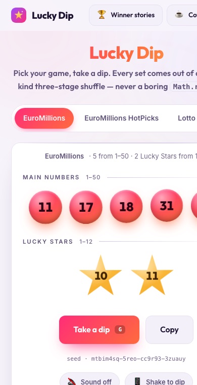 Lucky Dip on a phone — EuroMillions numbers drawn as red balls and gold stars