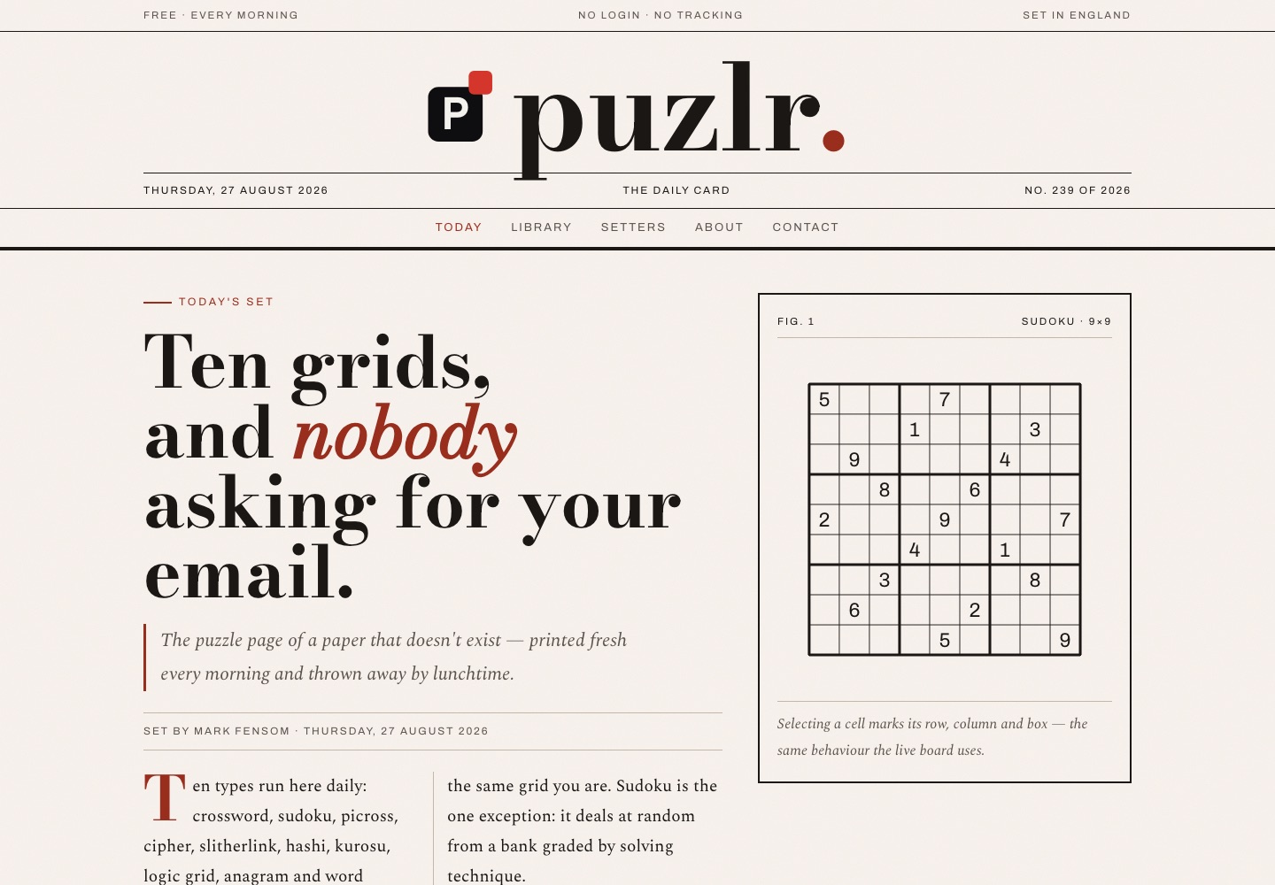 puzlr's front page — a broadsheet-style daily card with the day's sudoku