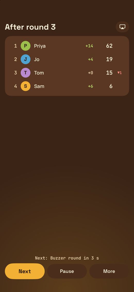 The host's iPhone showing the scoreboard after a round