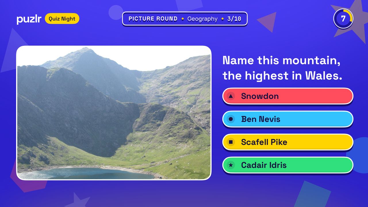 Puzlr Quiz Night on a TV: a picture round showing a Welsh mountain, with the question and four coloured answers