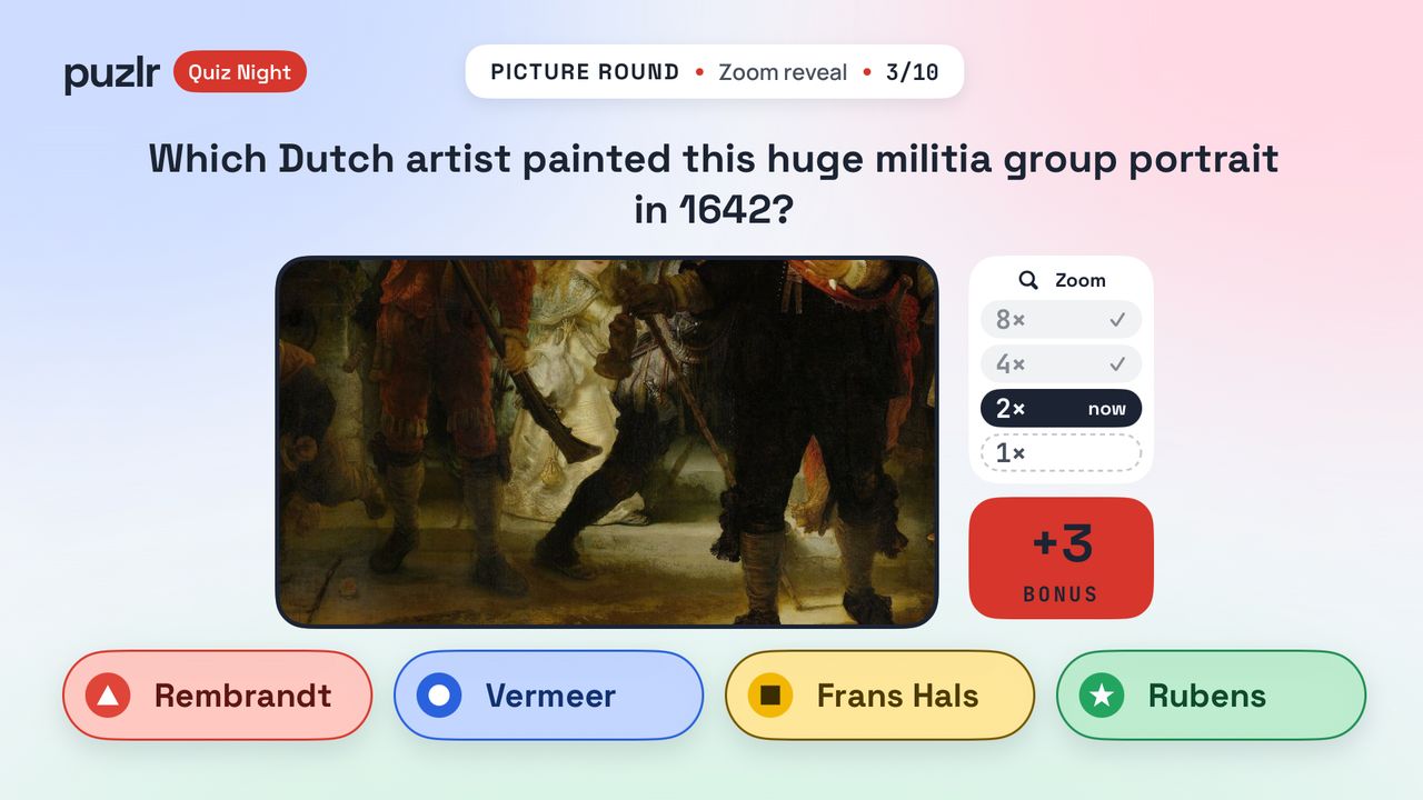 The TV during a zoom-out round: a famous painting zoomed in close, with a bonus that shrinks as it zooms out