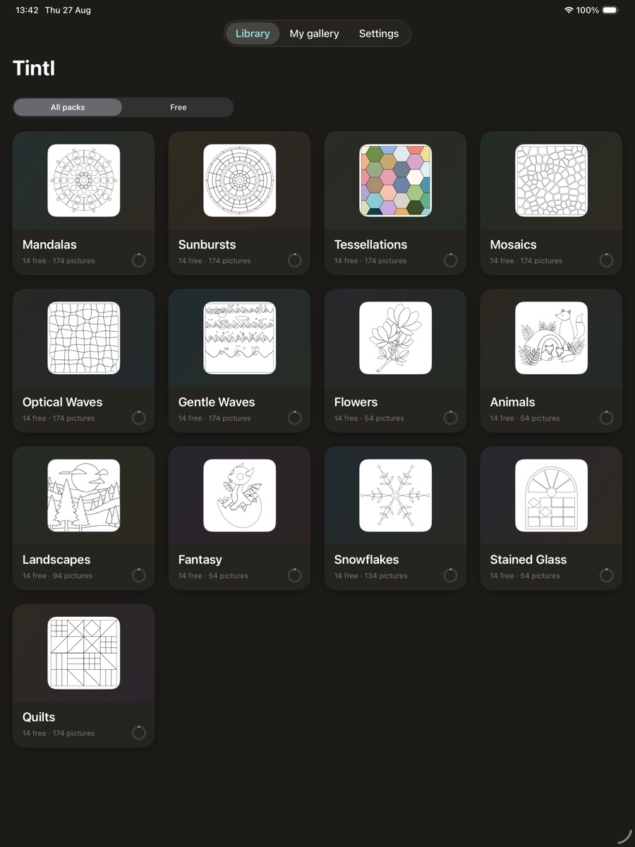 Tintl's library — thirteen categories of line art shown as pack cards