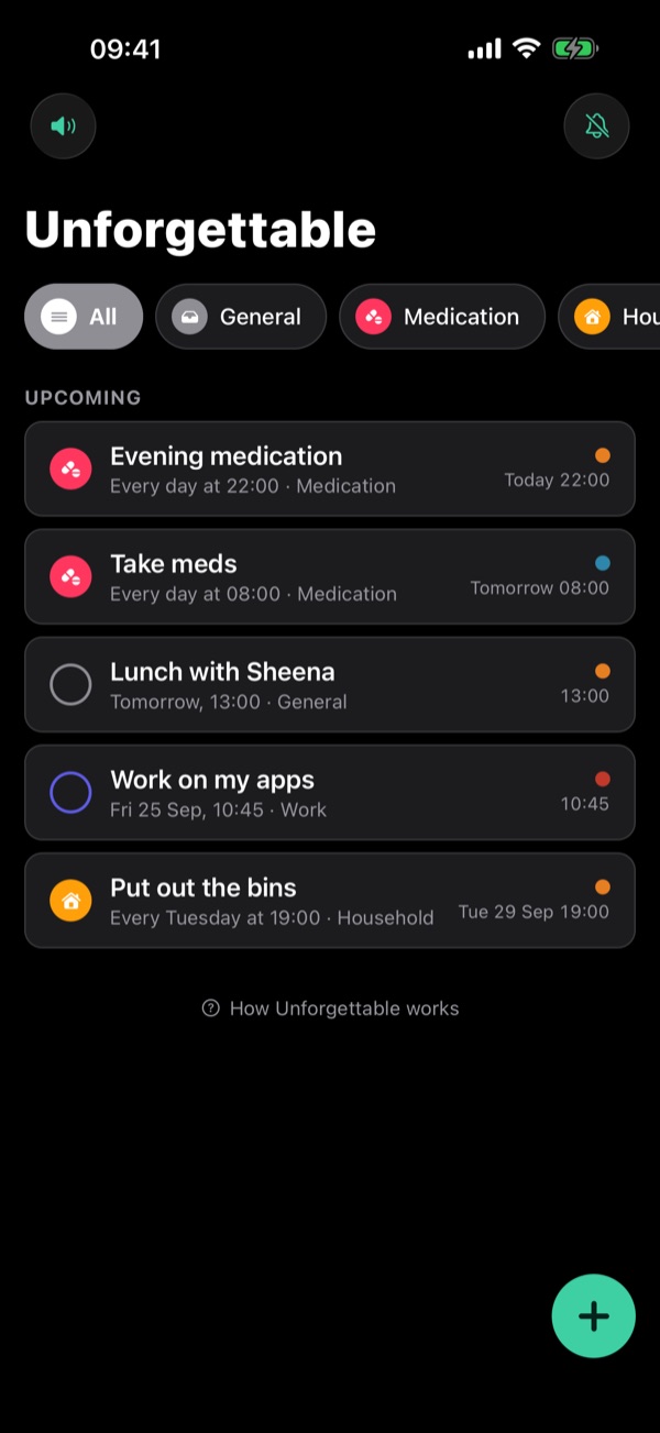 Unforgettable's list in dark mode — upcoming reminders with coloured category badges